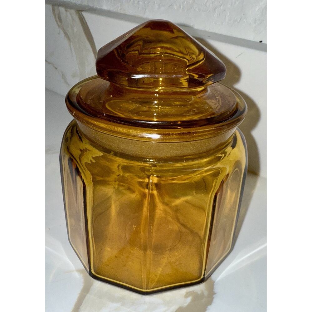 VTG L.E. Smith Amber Glass Apothecary Small Canister Panel Thick Glass Jar 5"